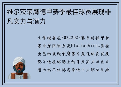 维尔茨荣膺德甲赛季最佳球员展现非凡实力与潜力