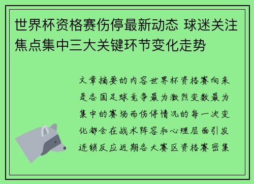 世界杯资格赛伤停最新动态 球迷关注焦点集中三大关键环节变化走势 世界杯资格赛伤停最新动态 球迷关注焦点集中三大关键环节变化走势