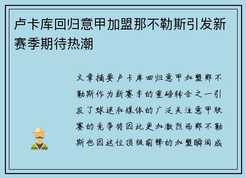 卢卡库回归意甲加盟那不勒斯引发新赛季期待热潮
