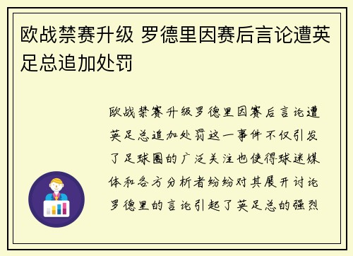 欧战禁赛升级 罗德里因赛后言论遭英足总追加处罚